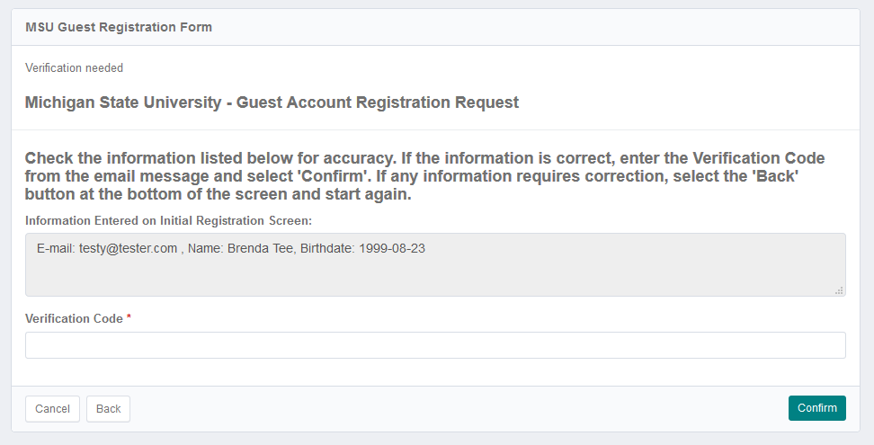 screenshot of MSU guest account registration request form